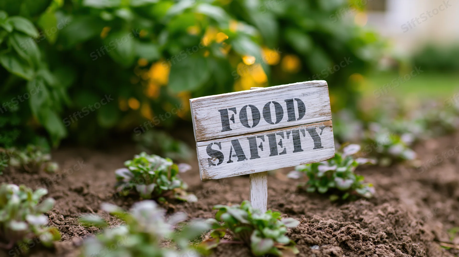 Whitewashed wooden sign reading food safety staked in a garden among young plants and soil
