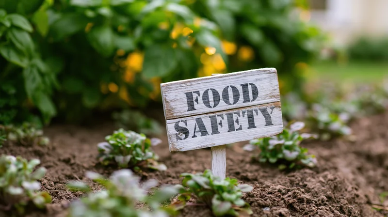 Whitewashed wooden sign reading food safety staked in a garden among young plants and soil