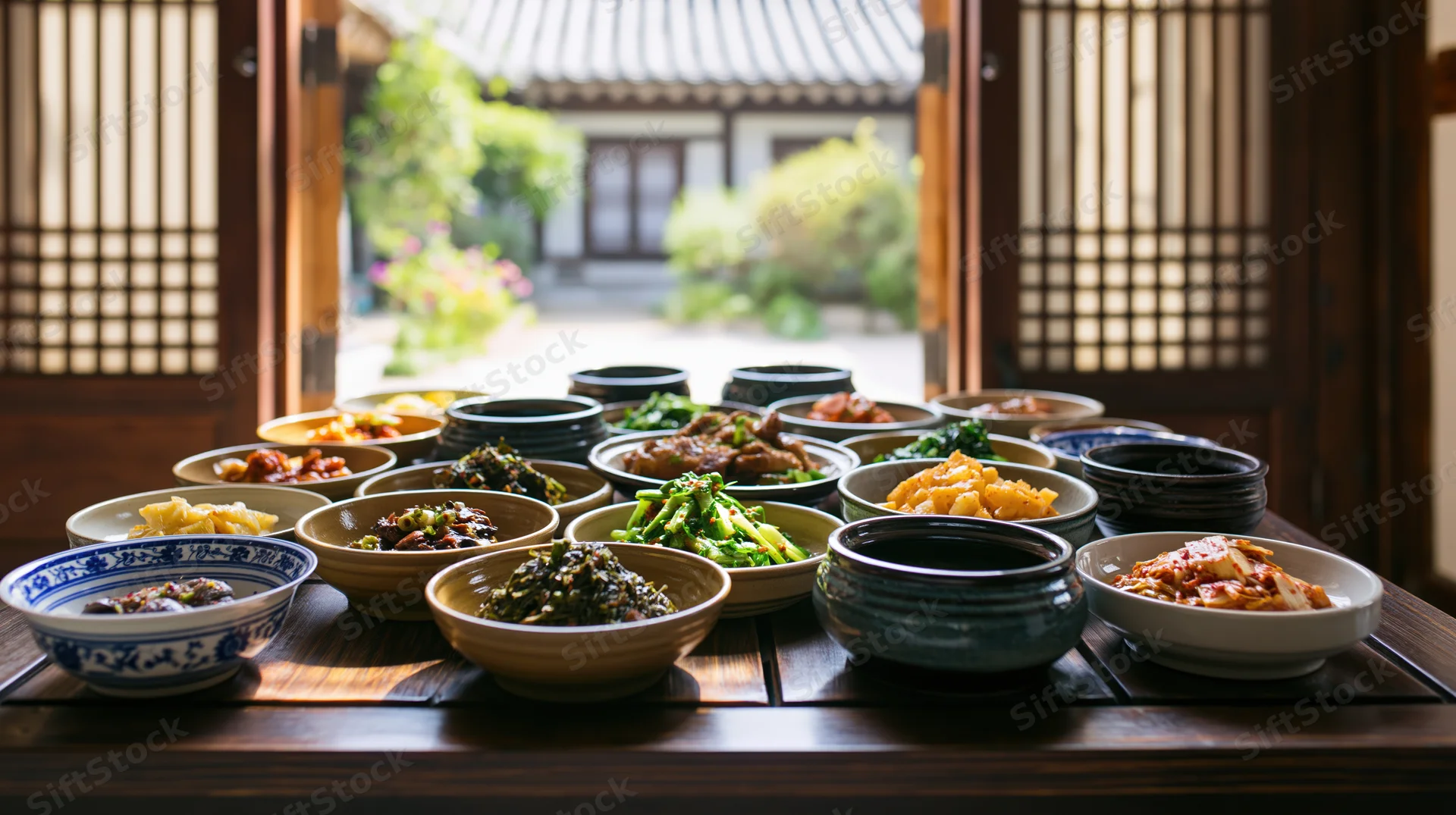 Korean banchan and main dishes arranged on a wooden table by a window overlooking a traditional courtyard garden