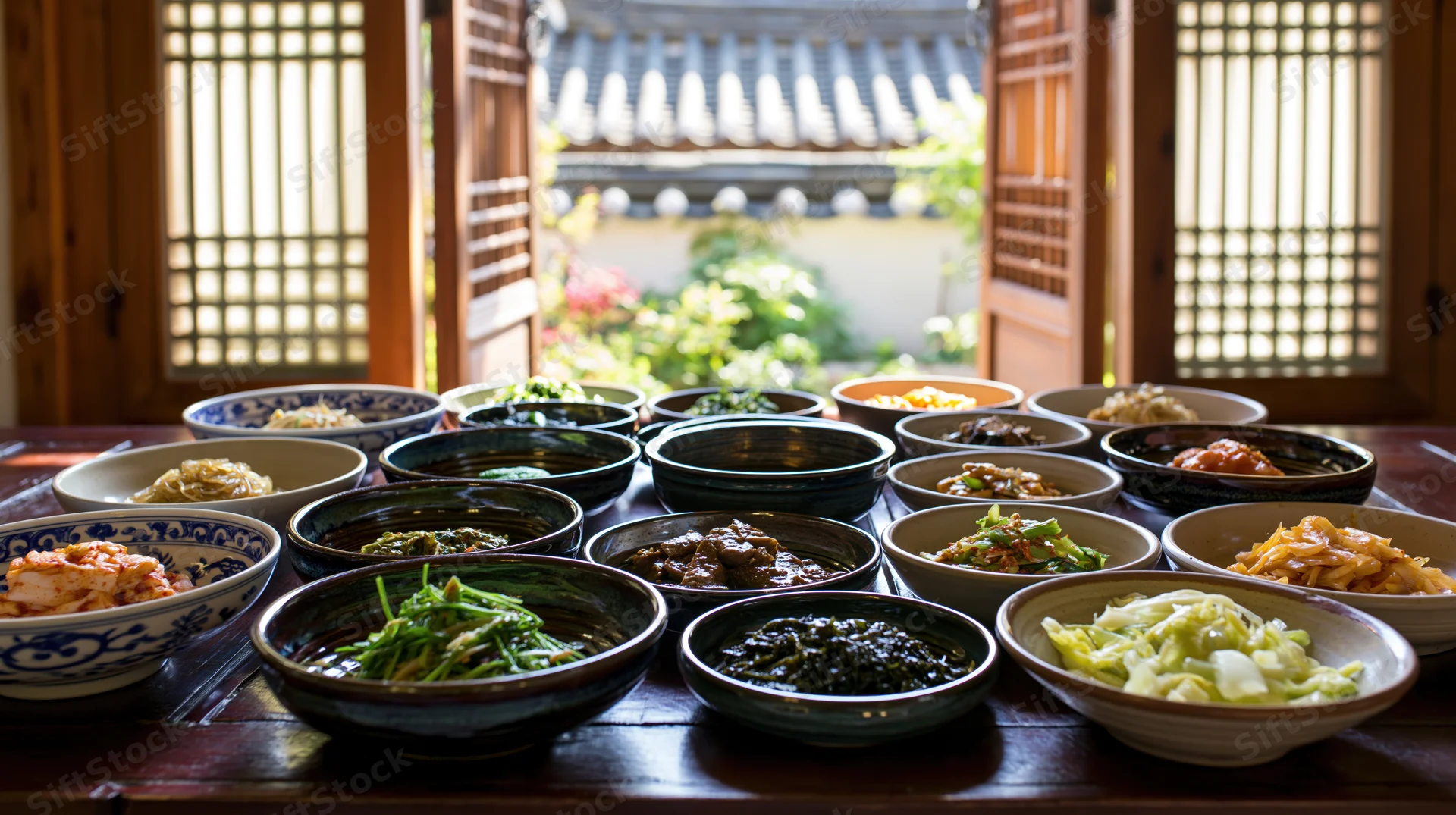 Korean banchan dishes arranged on a wooden table in a traditional house with garden view through lattice windows