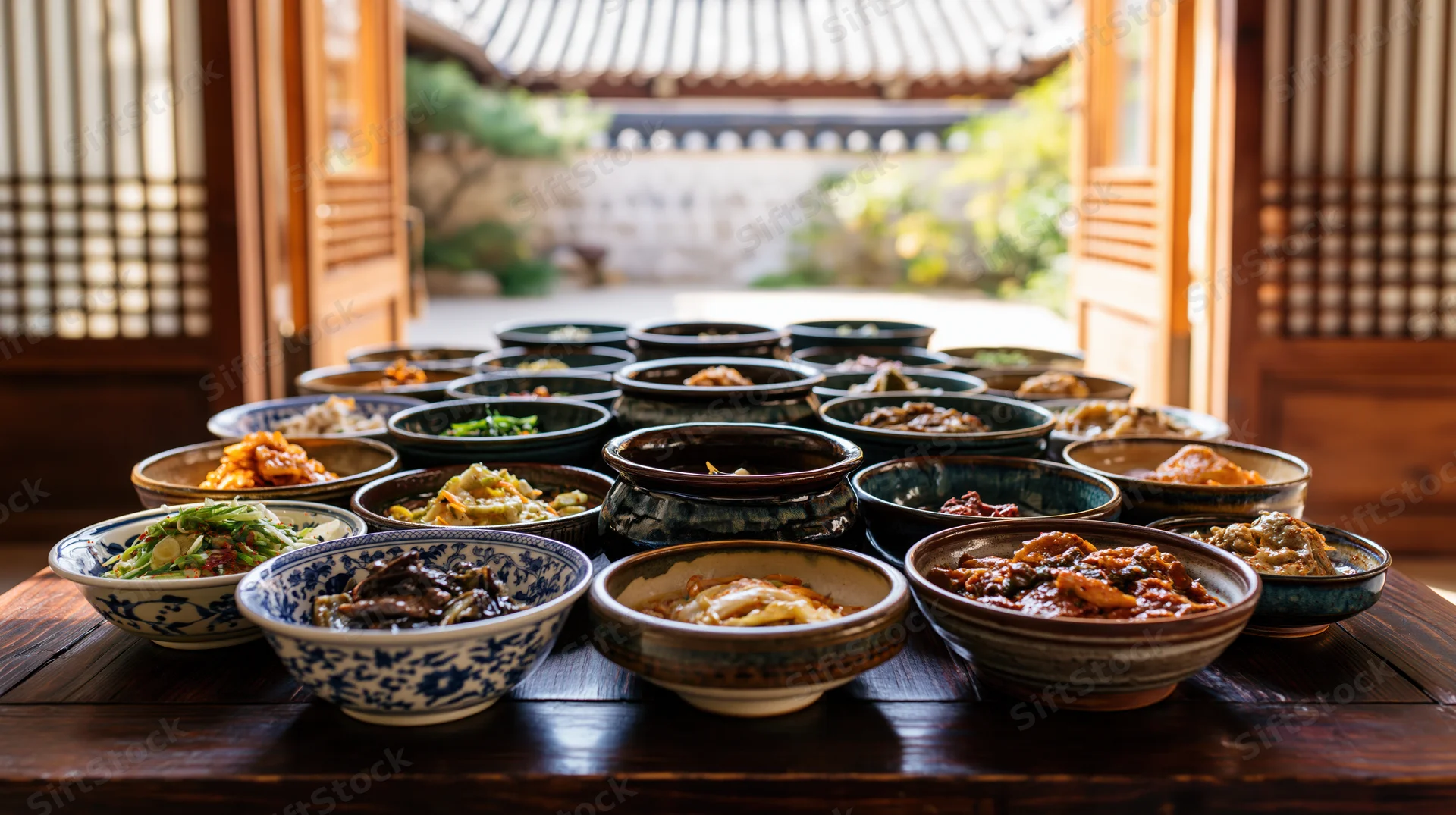 Korean banchan and main dishes arranged on a wooden table in a traditional dining space with garden view