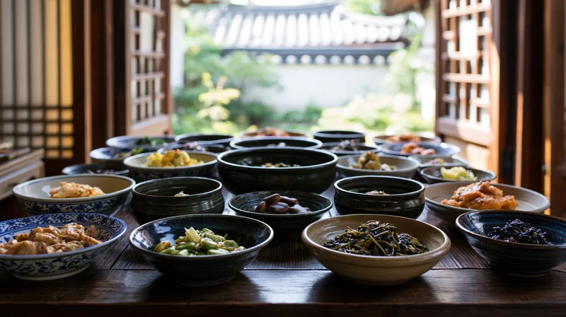 Korean banchan and main dishes arranged on a wooden table by a window overlooking a garden