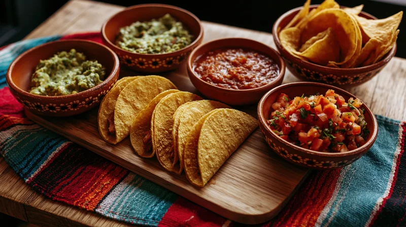 Mexican street food spread with tacos, guacamole, salsa, pico de gallo, and chips on a wooden platter over a colorful serape textile