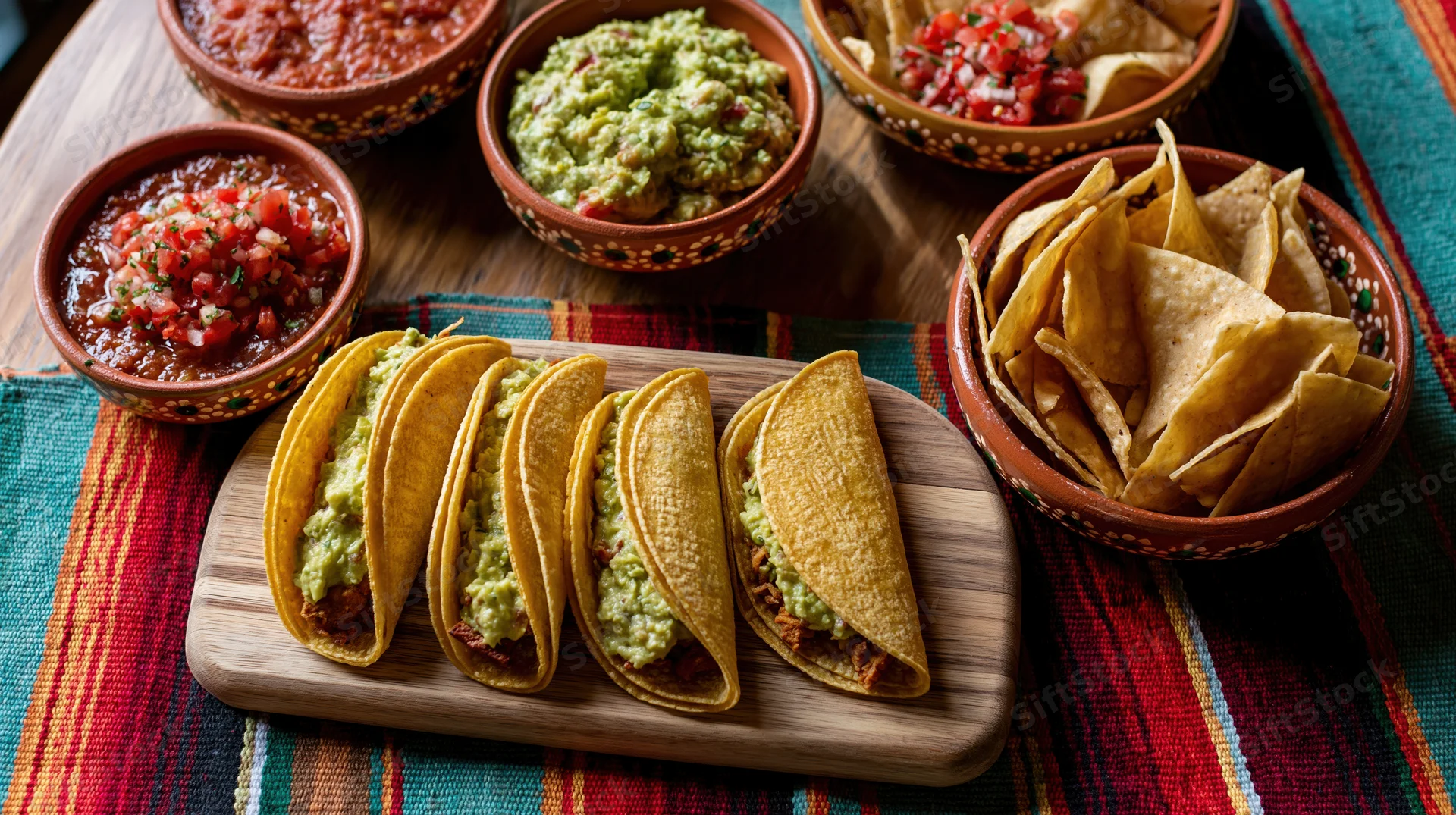 Tacos filled with guacamole and meat arranged on a wooden platter with bowls of salsa, guacamole, and chips on a colorful striped tablecloth