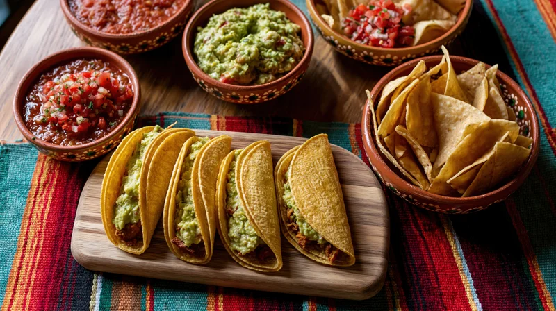 Tacos filled with guacamole and meat arranged on a wooden platter with bowls of salsa, guacamole, and chips on a colorful striped tablecloth