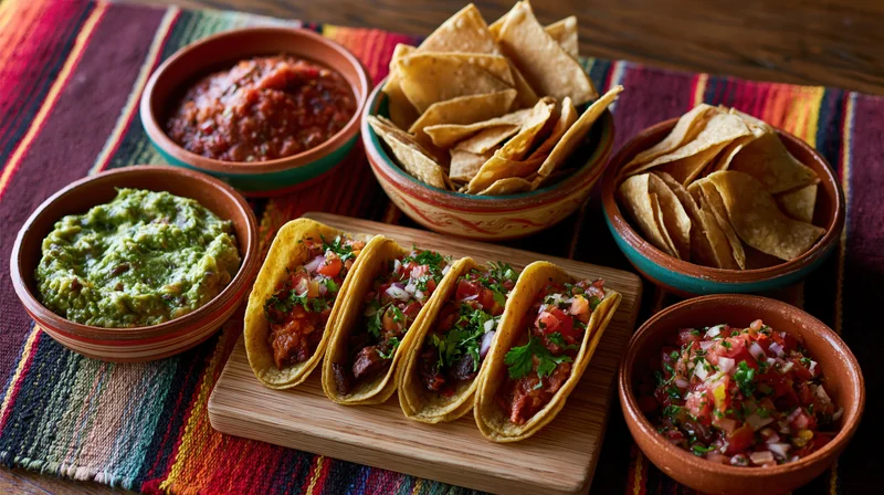 Four tacos with guacamole, salsa, and pico de gallo on a wooden board surrounded by bowls of chips and dips on a colorful striped placemat