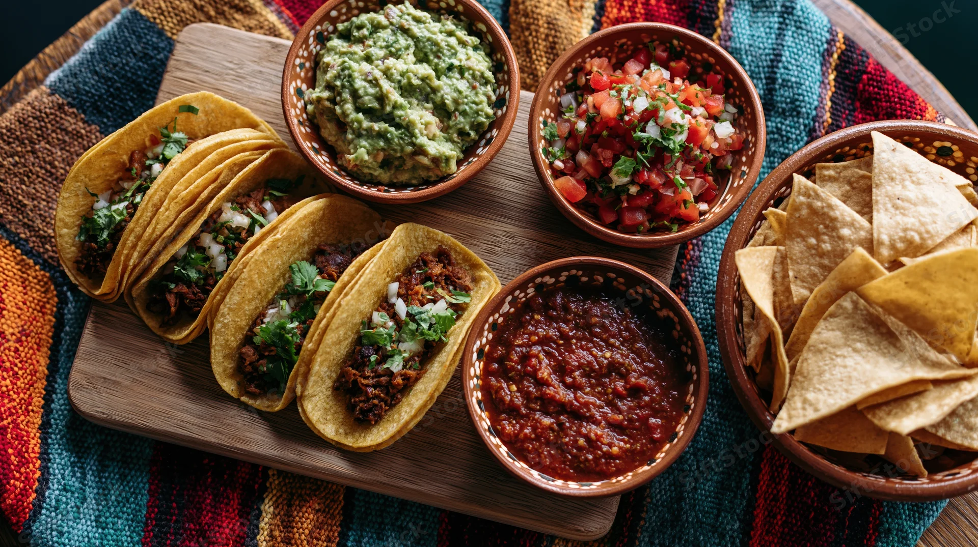 Tacos with guacamole, salsa, and chips arranged on a wooden platter over a colorful woven textile