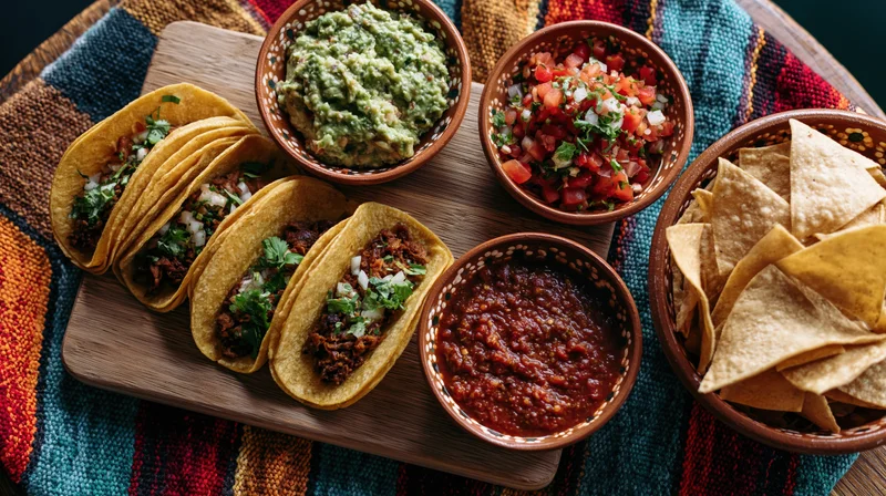 Tacos with guacamole, salsa, and chips arranged on a wooden platter over a colorful woven textile
