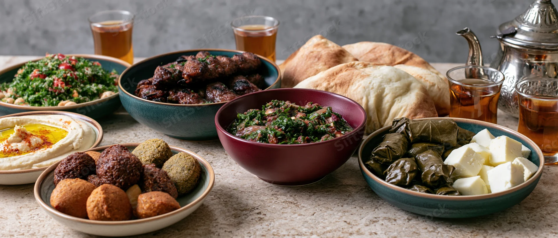 Middle eastern mezze spread with hummus, falafel, tabbouleh, dolma, pita and tea on stone table
