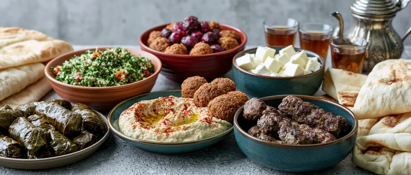 Middle eastern mezze spread with hummus, falafel, tabbouleh, dolma, kofta, pita, cheese and tea on stone table