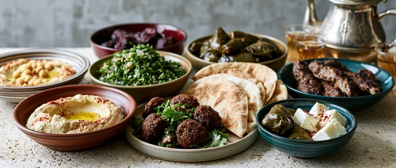 Middle eastern mezze spread with hummus, falafel, tabbouleh, pita, and dolma on a stone table