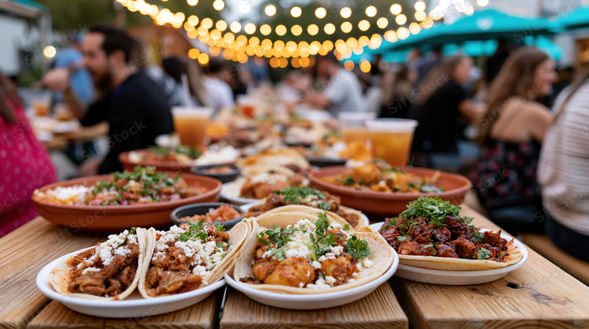 Street tacos and side dishes arranged on a wooden table at an outdoor evening gathering