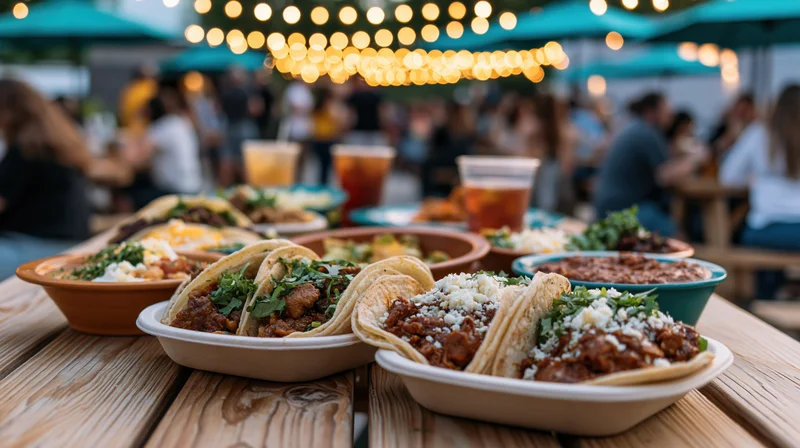 Street tacos and side dishes arranged on a wooden table at an outdoor evening gathering