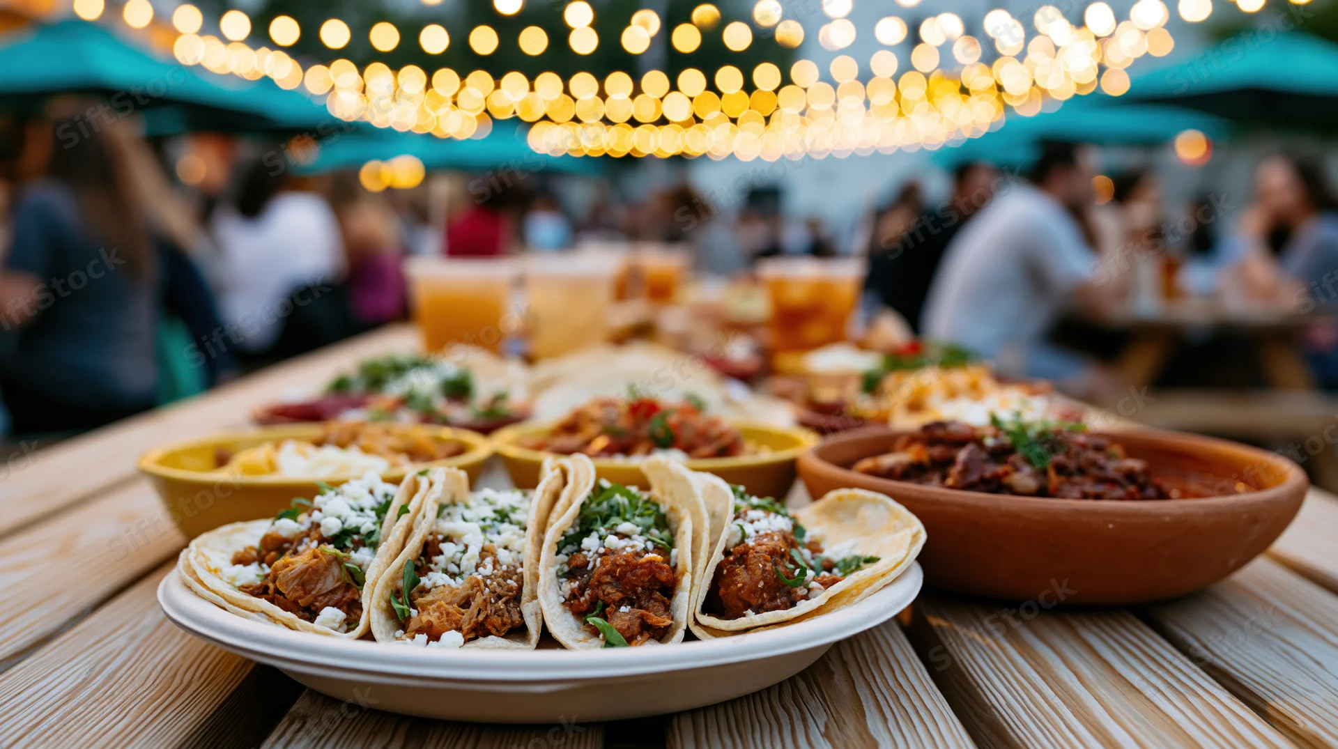 Street tacos and side dishes arranged on a wooden table at an outdoor dining area with string lights above