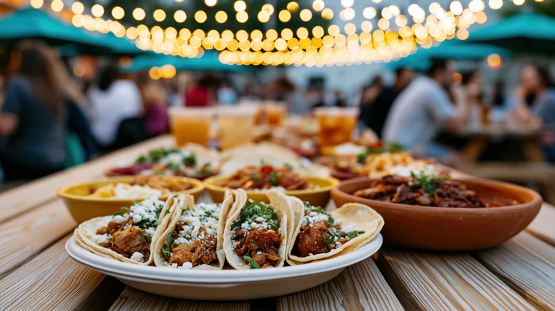 Street tacos and side dishes arranged on a wooden table at an outdoor dining area with string lights above