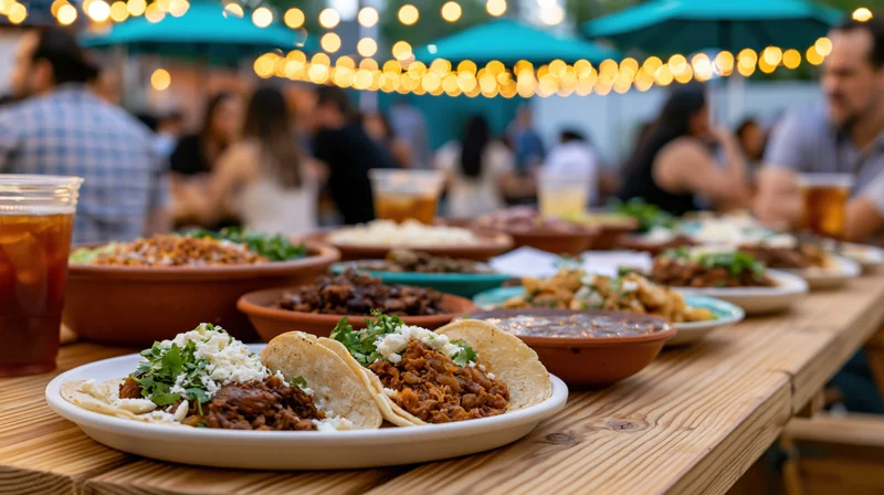 Street tacos and side dishes arranged on a wooden table at an outdoor evening gathering