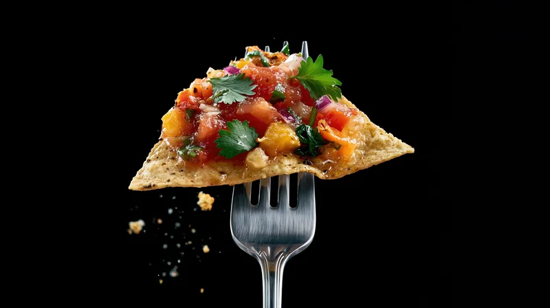 Fork holding a tortilla chip topped with salsa and cilantro against black background