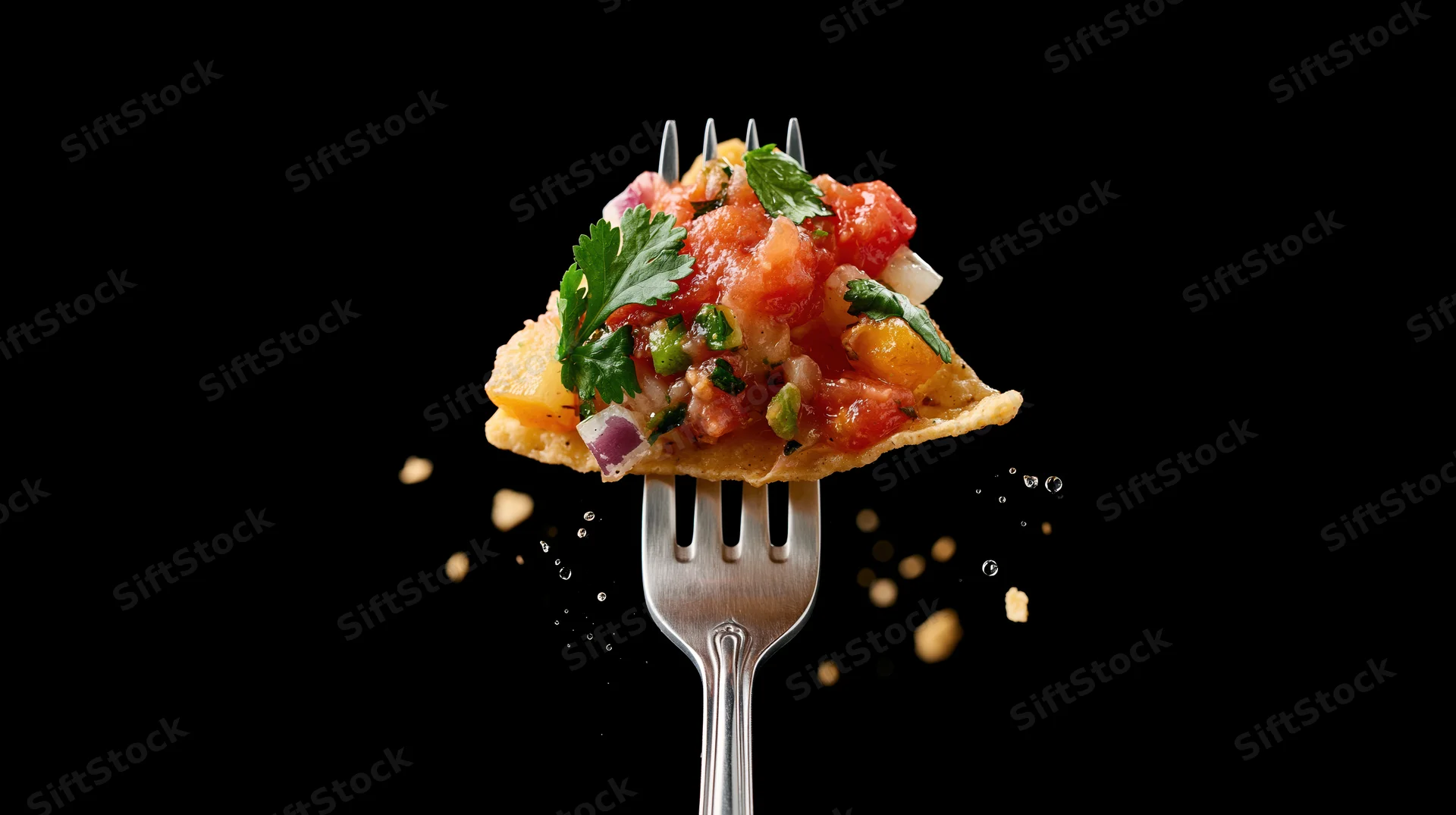 Stainless steel fork holding a nacho chip topped with salsa and cilantro against black background