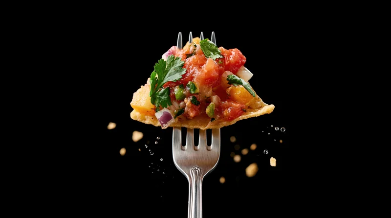 Stainless steel fork holding a nacho chip topped with salsa and cilantro against black background