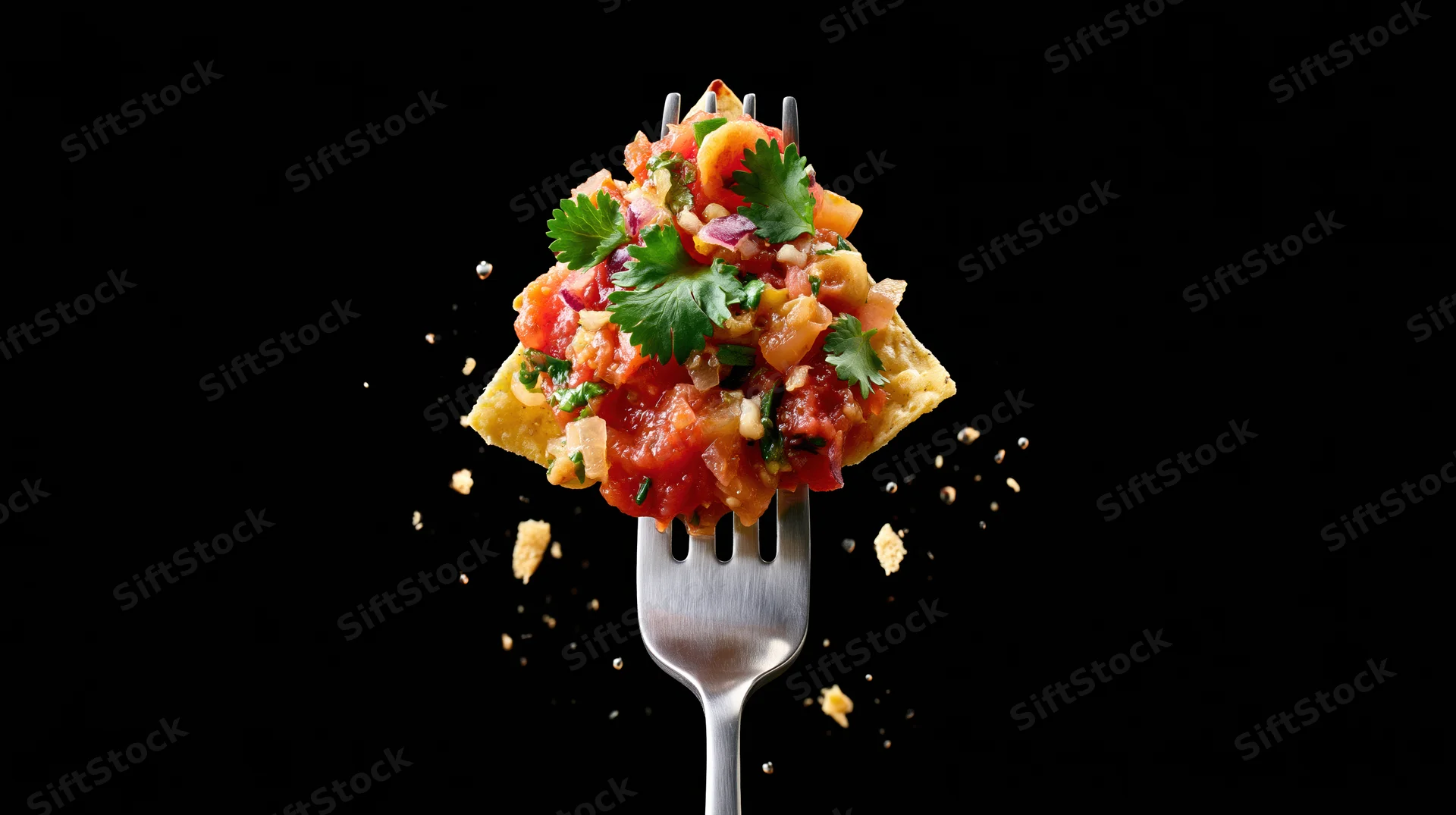 Fork holding a nacho chip topped with salsa and cilantro against black background