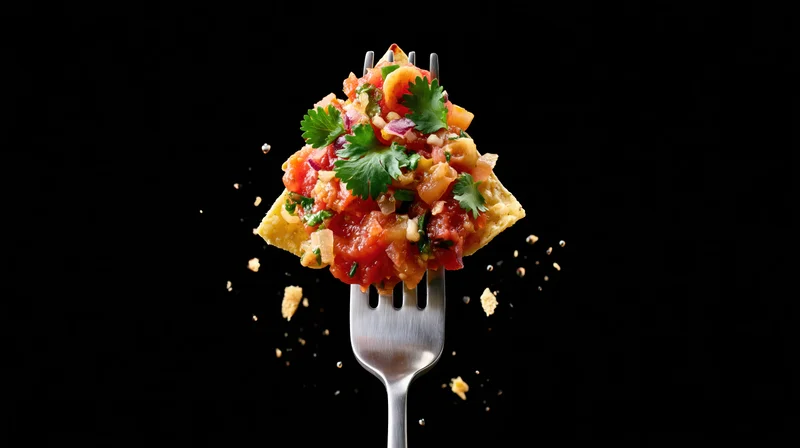 Fork holding a nacho chip topped with salsa and cilantro against black background
