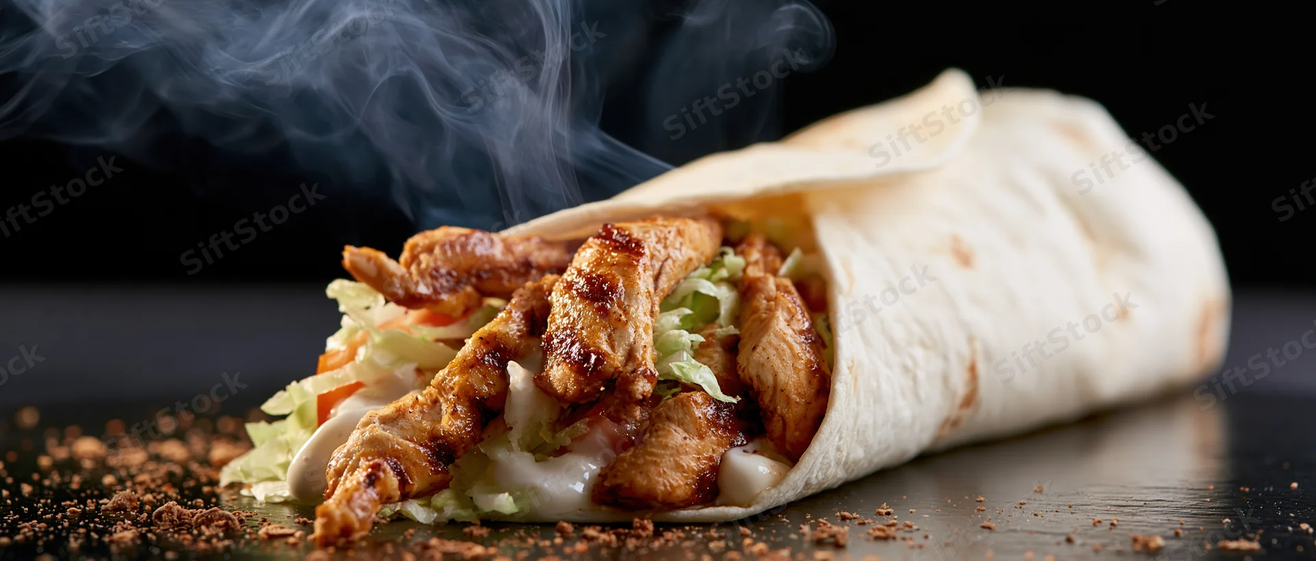 Steaming chicken shawarma wrap with grilled meat and vegetables on dark reflective surface