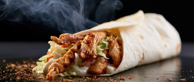 Steaming chicken shawarma wrap with grilled meat and vegetables on dark reflective surface