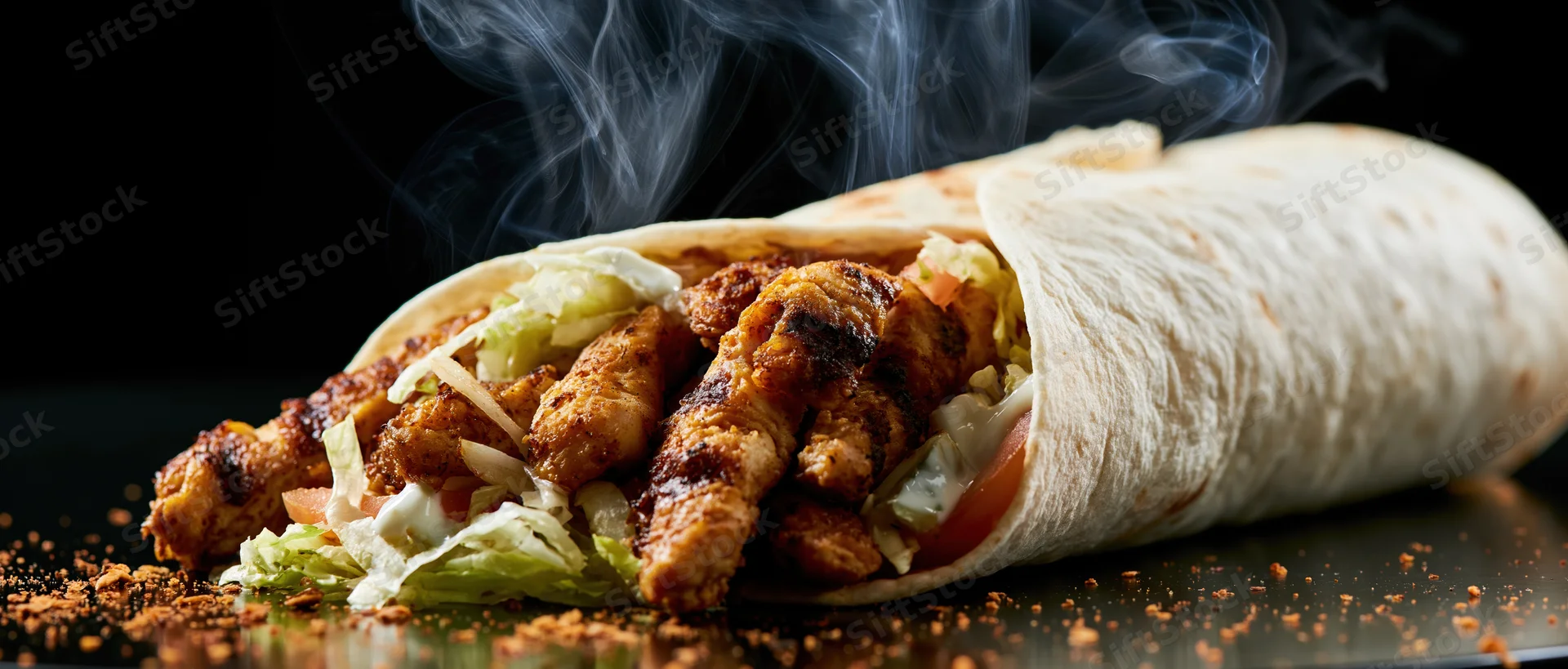 Steaming chicken shawarma wrap with vegetables and spices on a dark reflective surface