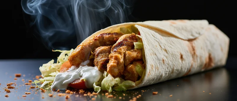 Steaming chicken shawarma wrap with grilled meat, lettuce, tomato and sauce on dark reflective surface