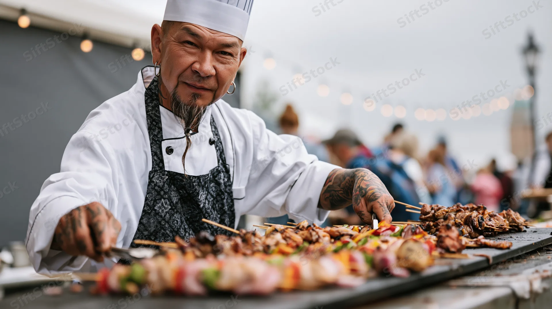 Tattooed male chef grilling skewers of meat and vegetables at an outdoor event