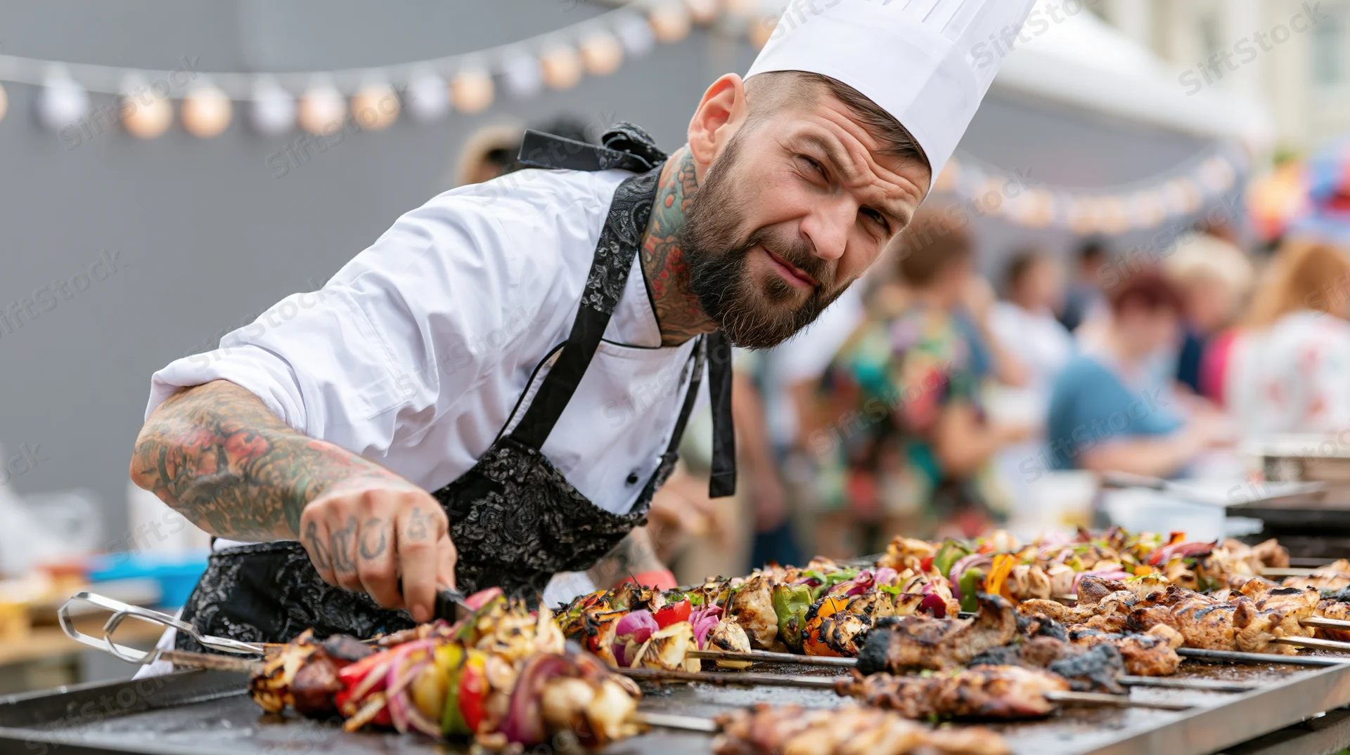 Tattooed male chef grilling skewers of meat and vegetables at an outdoor food festival