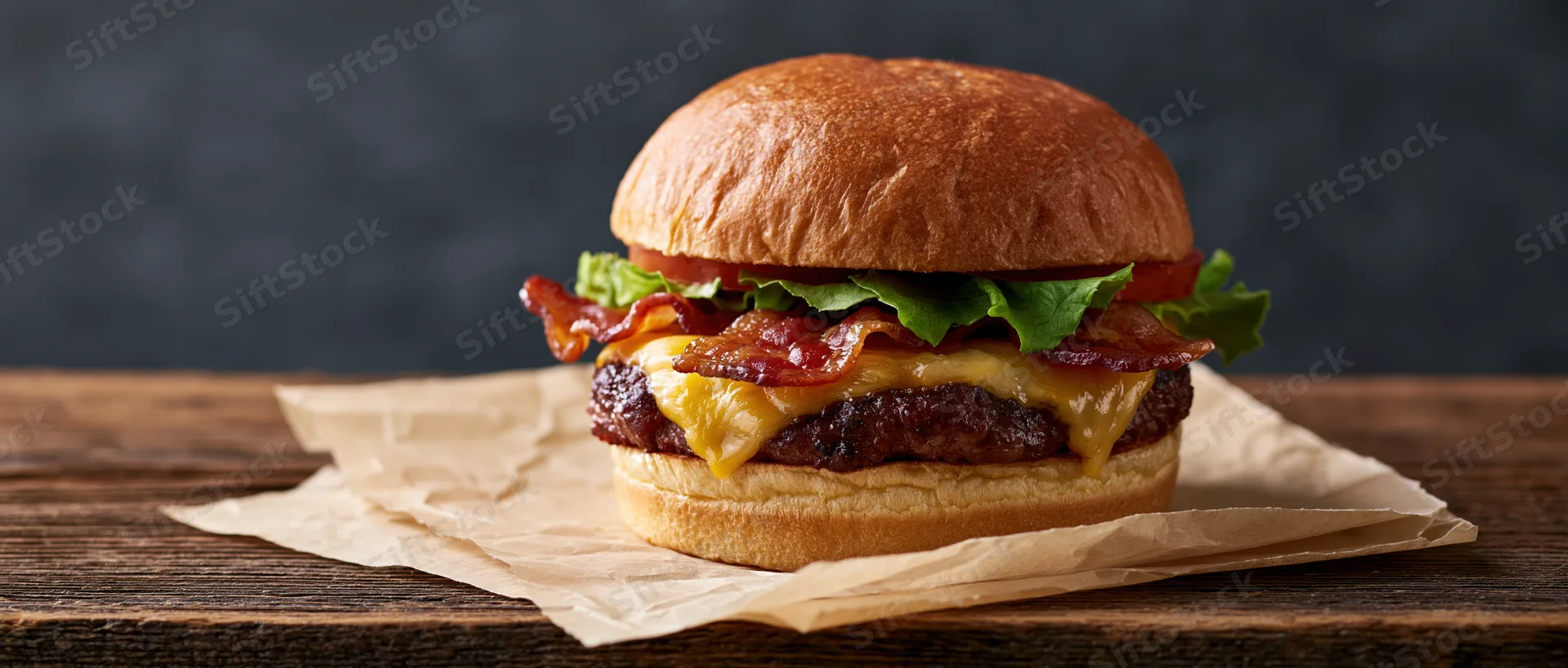 Thick bacon cheeseburger with melted cheddar and crispy bacon on parchment paper on wooden table