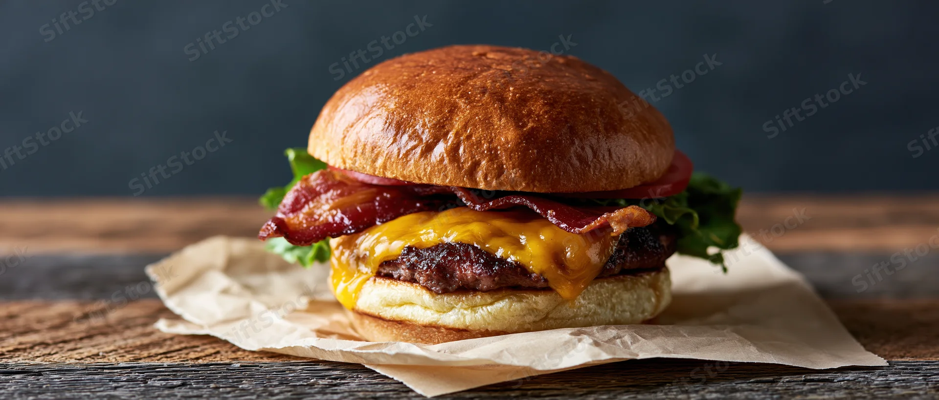Thick bacon cheeseburger with melted cheddar and crispy bacon on a wooden table