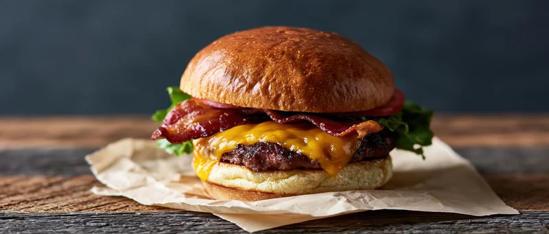 Thick bacon cheeseburger with melted cheddar and crispy bacon on a wooden table