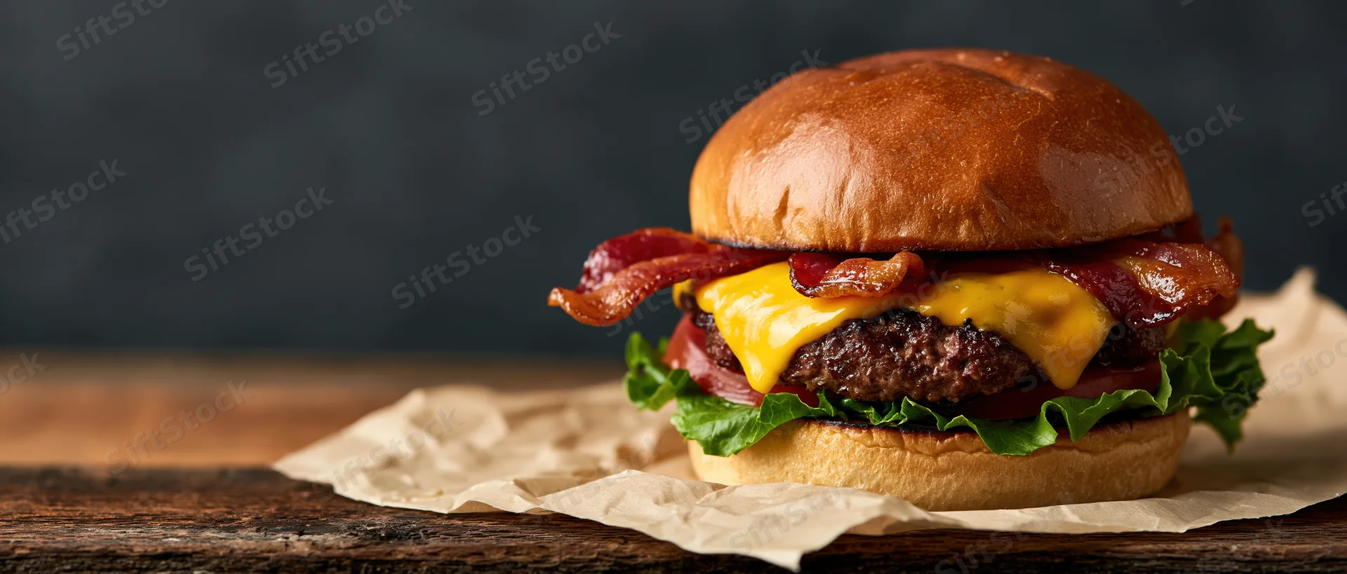 Thick bacon cheeseburger with melted cheddar and crispy bacon on a wooden table