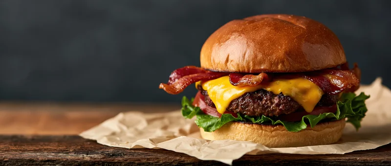 Thick bacon cheeseburger with melted cheddar and crispy bacon on a wooden table