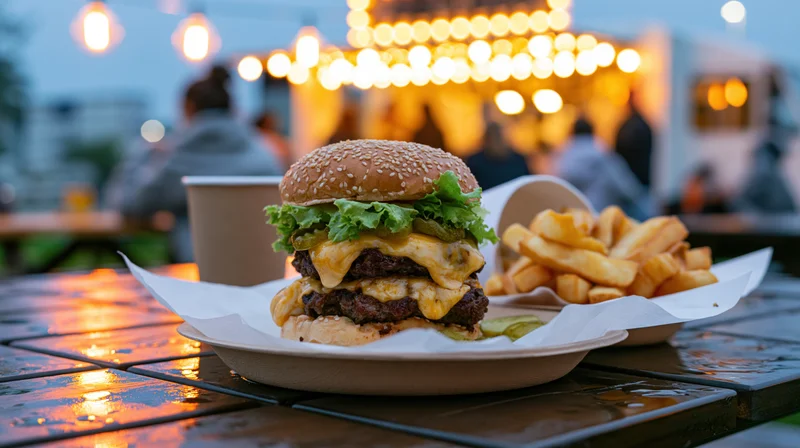 Double cheeseburger with lettuce and melted cheese served with fries on a paper-lined tray at an outdoor restaurant table in the evening