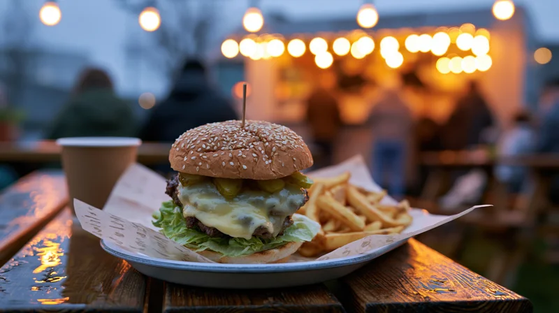 Double cheeseburger with lettuce and melted cheese on sesame bun served with fries on wooden table at outdoor evening market