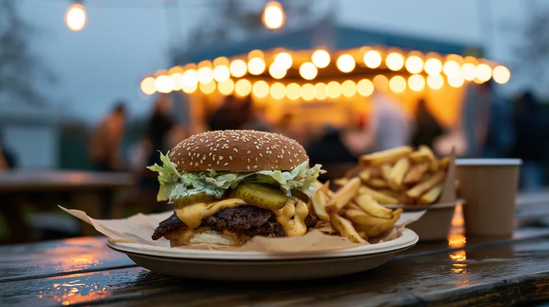 Double cheeseburger with lettuce and pickles on a plate with fries and a drink on a wooden table at an outdoor evening market