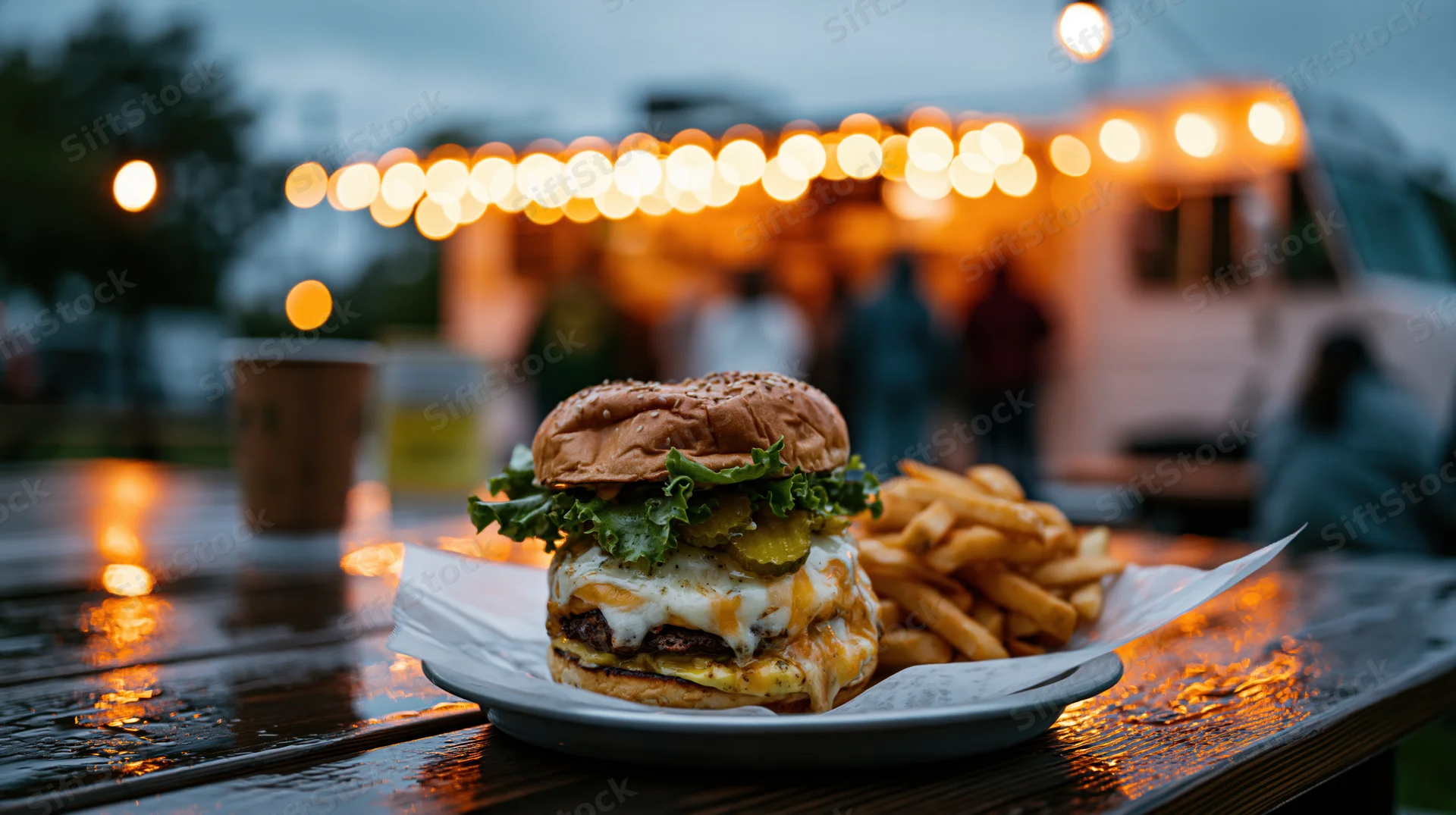 Double cheeseburger with lettuce and melted cheese served with fries on a wooden table at an outdoor food truck event in the evening