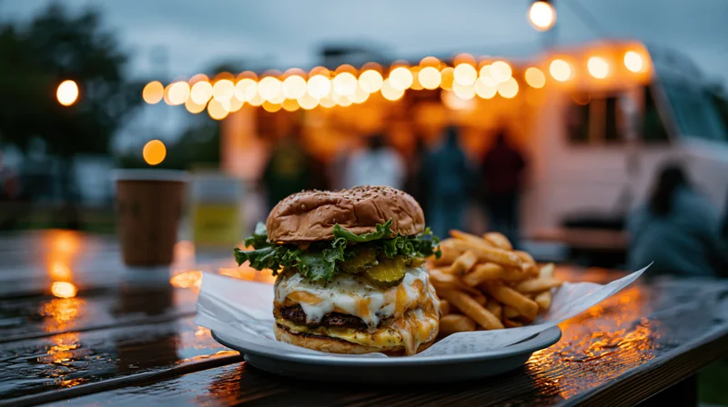 Double cheeseburger with lettuce and melted cheese served with fries on a wooden table at an outdoor food truck event in the evening