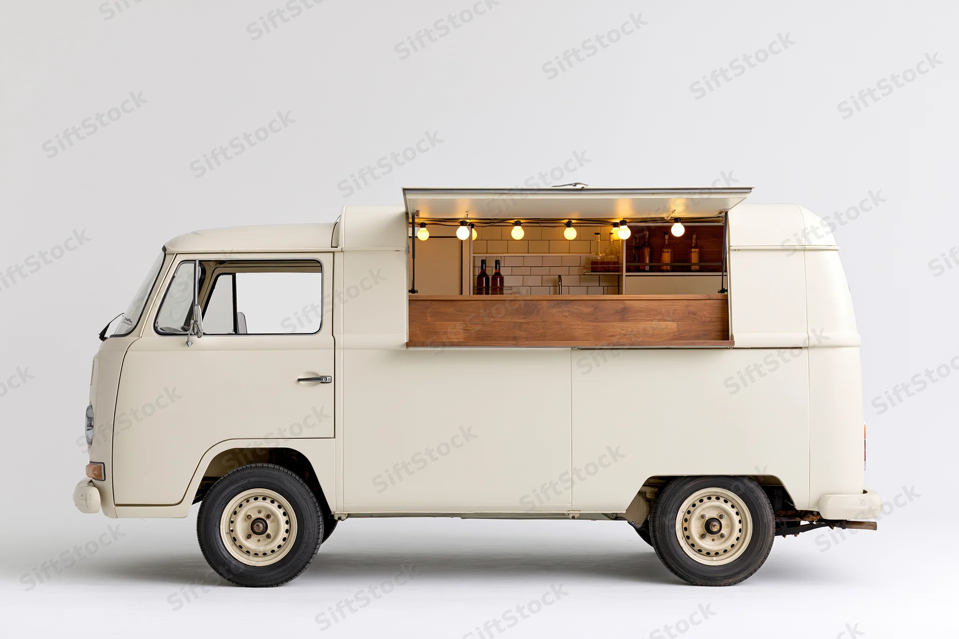 Vintage cream-white van with open side window revealing wooden counter and string lights inside, isolated on white background