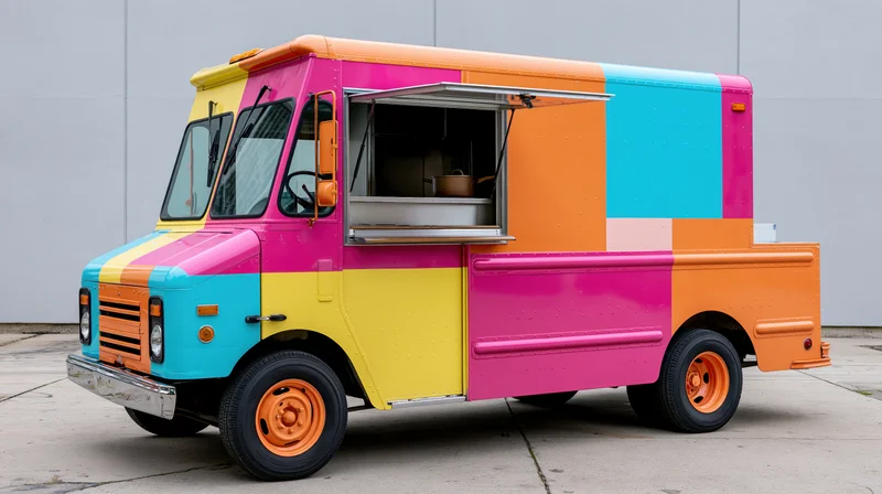 Vintage step-van food truck with open service window parked on concrete pavement