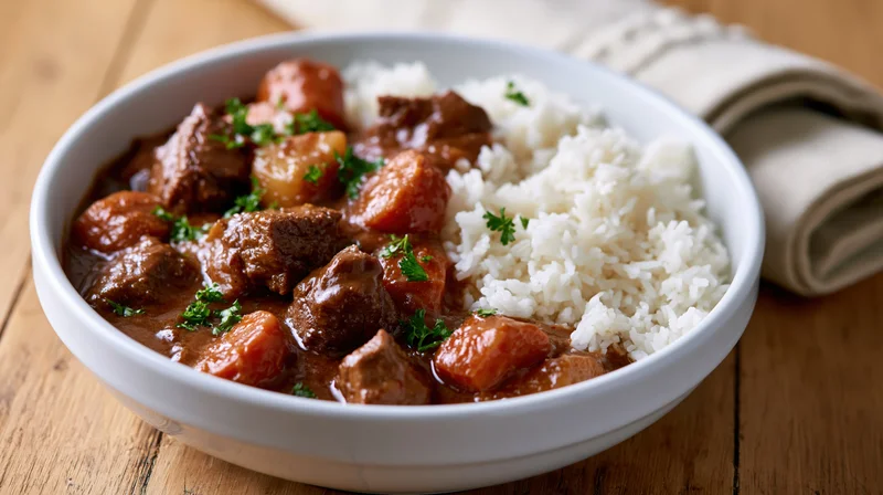 Beef stew with rice in a white ceramic bowl on a wooden table