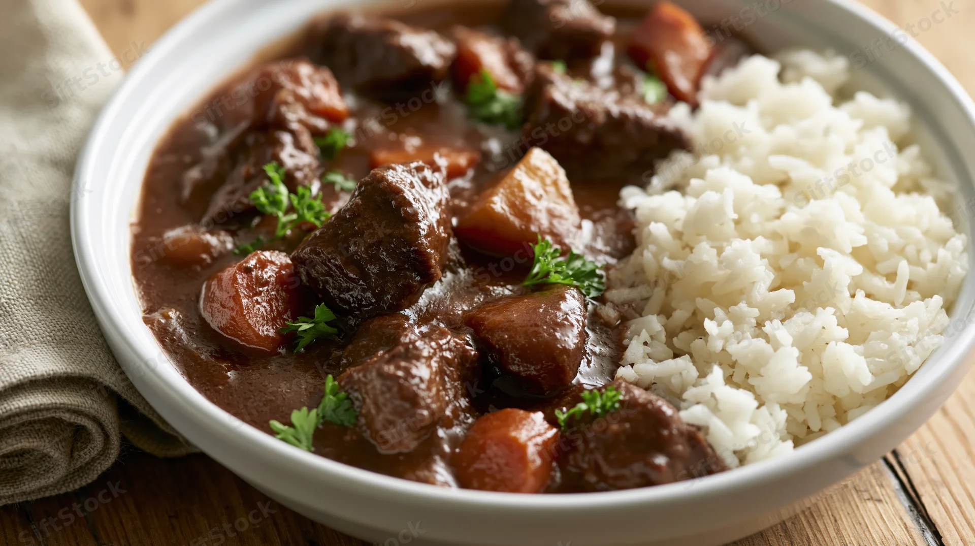 Beef stew with rice in a white ceramic bowl on a wooden table