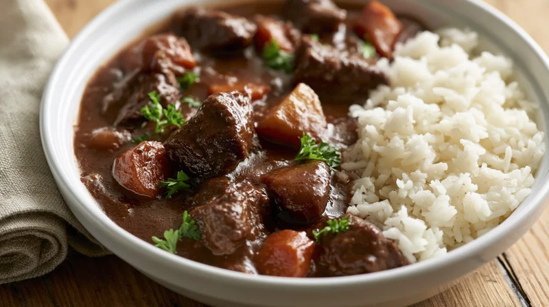 Beef stew with rice in a white ceramic bowl on a wooden table