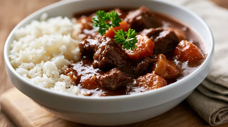 Beef stew with rice in a white ceramic bowl on a wooden cutting board