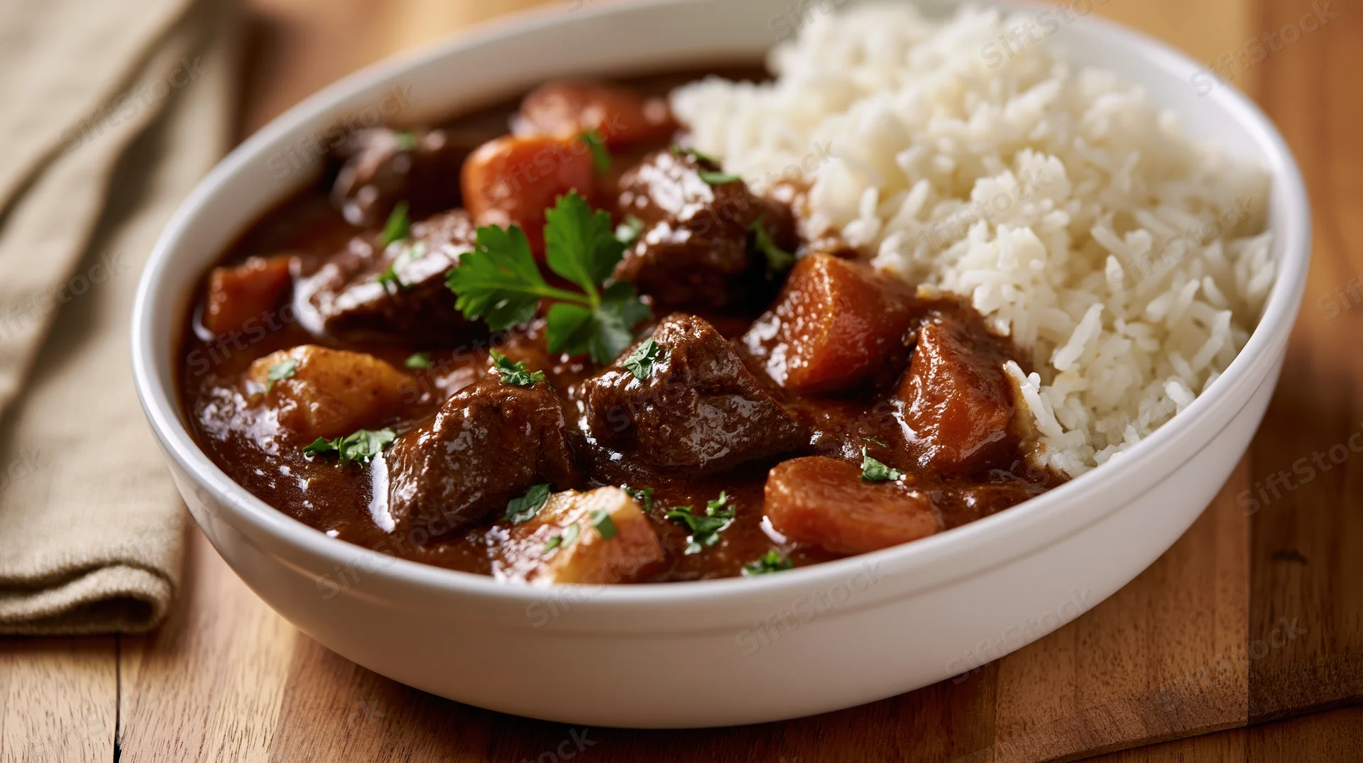 Beef stew with rice served in a white ceramic bowl on a wooden table