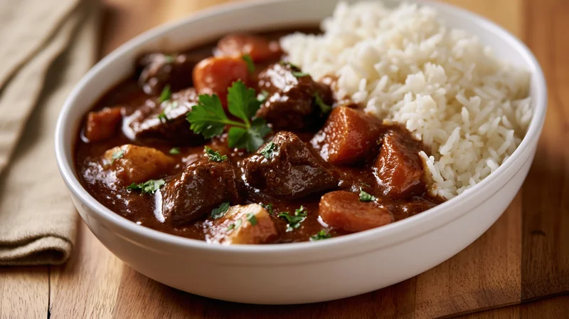 Beef stew with rice served in a white ceramic bowl on a wooden table