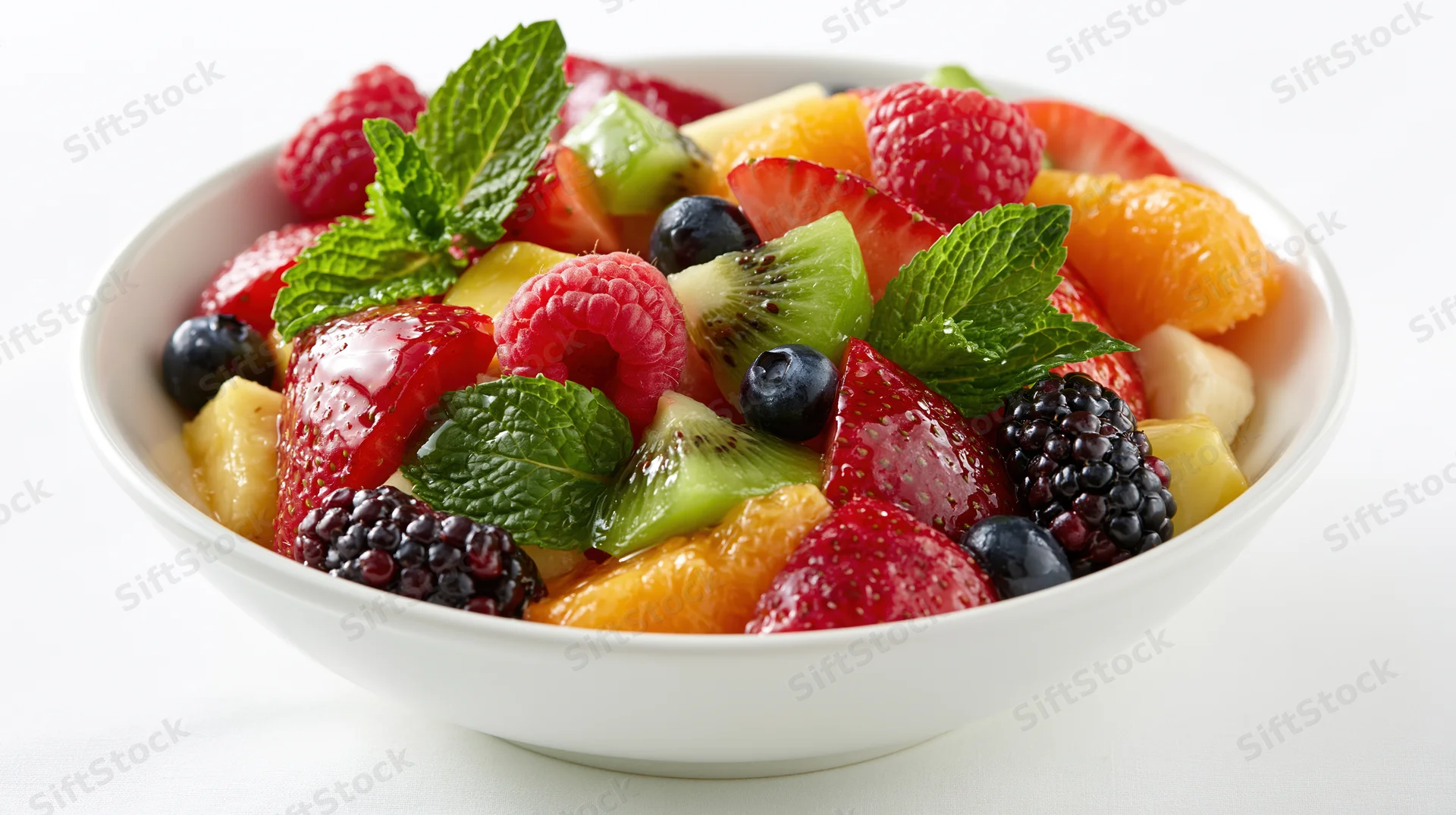 Mixed fresh fruit salad in a white ceramic bowl with mint garnish